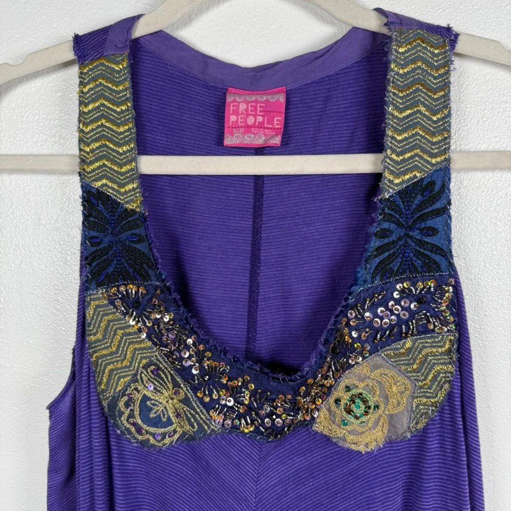 Free People Purple Embellished Sequin Tank Top Boho Handkerchief Hem Ribbed